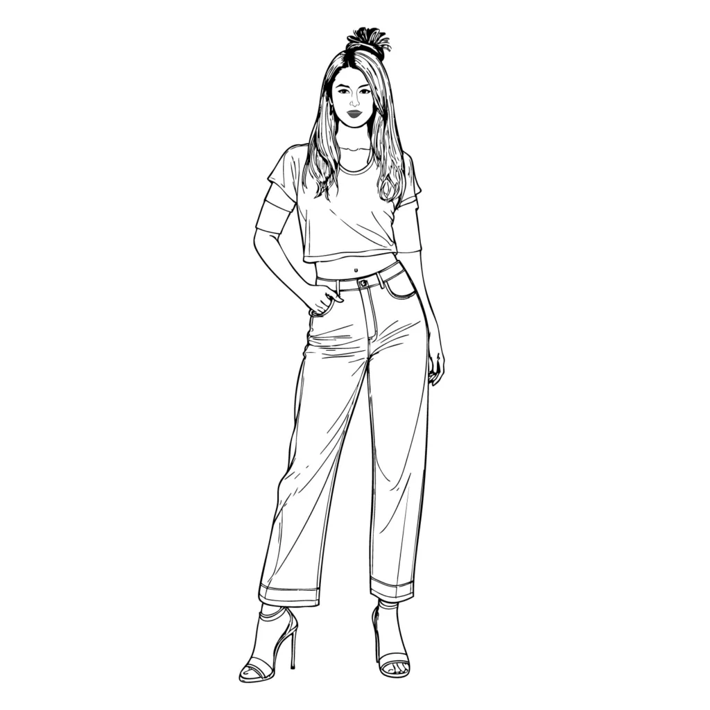 Fashion Women Line Art – Cropped T-Shirt & Jeans