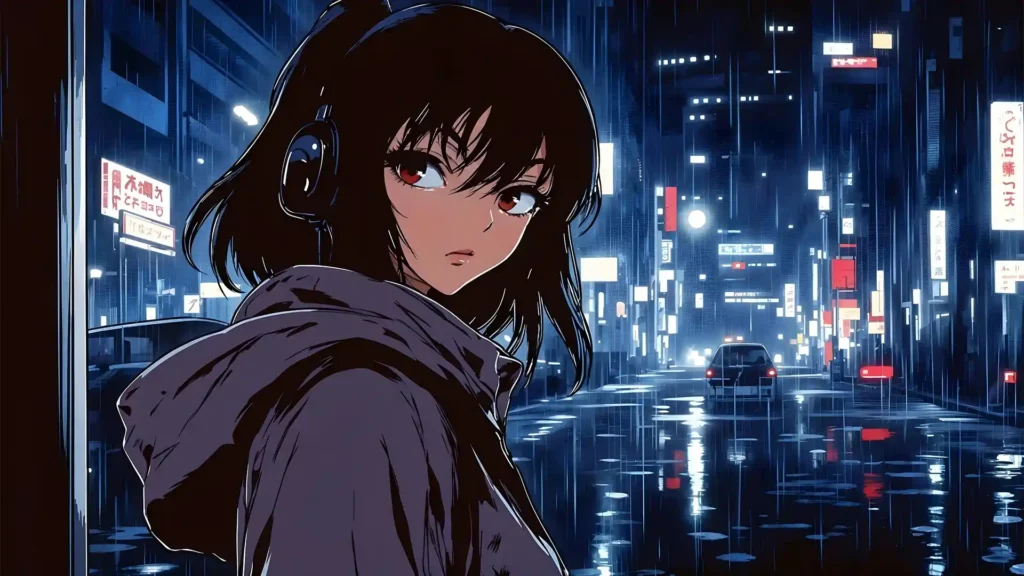 
									Moody Elegance: Girl at Rainy Night Anime Wallpaper for Desktop