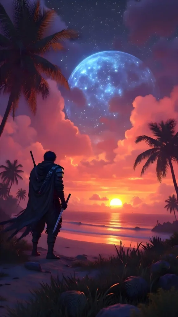
									Celestial Sunset Warrior: Anime Art Mobile Wallpaper