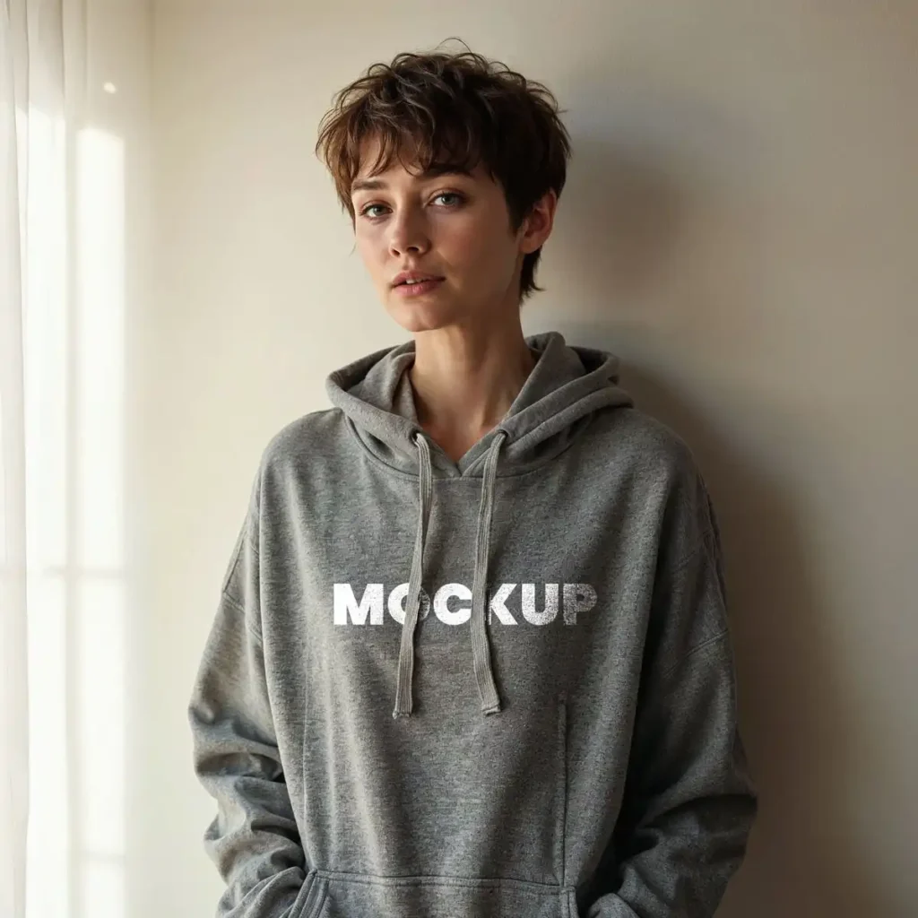 
									Girl Wearing a Grey Hoodie Mockup